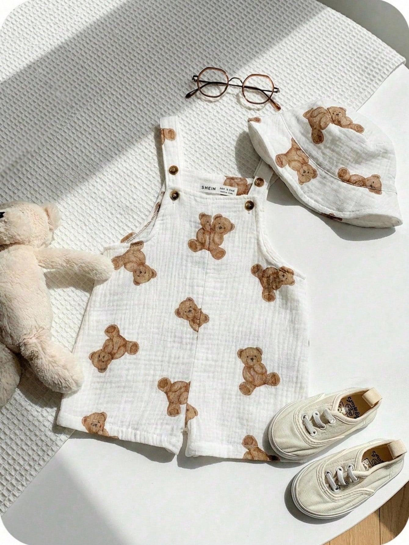 Boys Teddy Bear Print Bib Overalls & Bucket Hat Set - Ivory