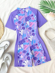 Big Girls Floral Print Zip-Front One-Piece Swimsuit - Wisteria | 21...