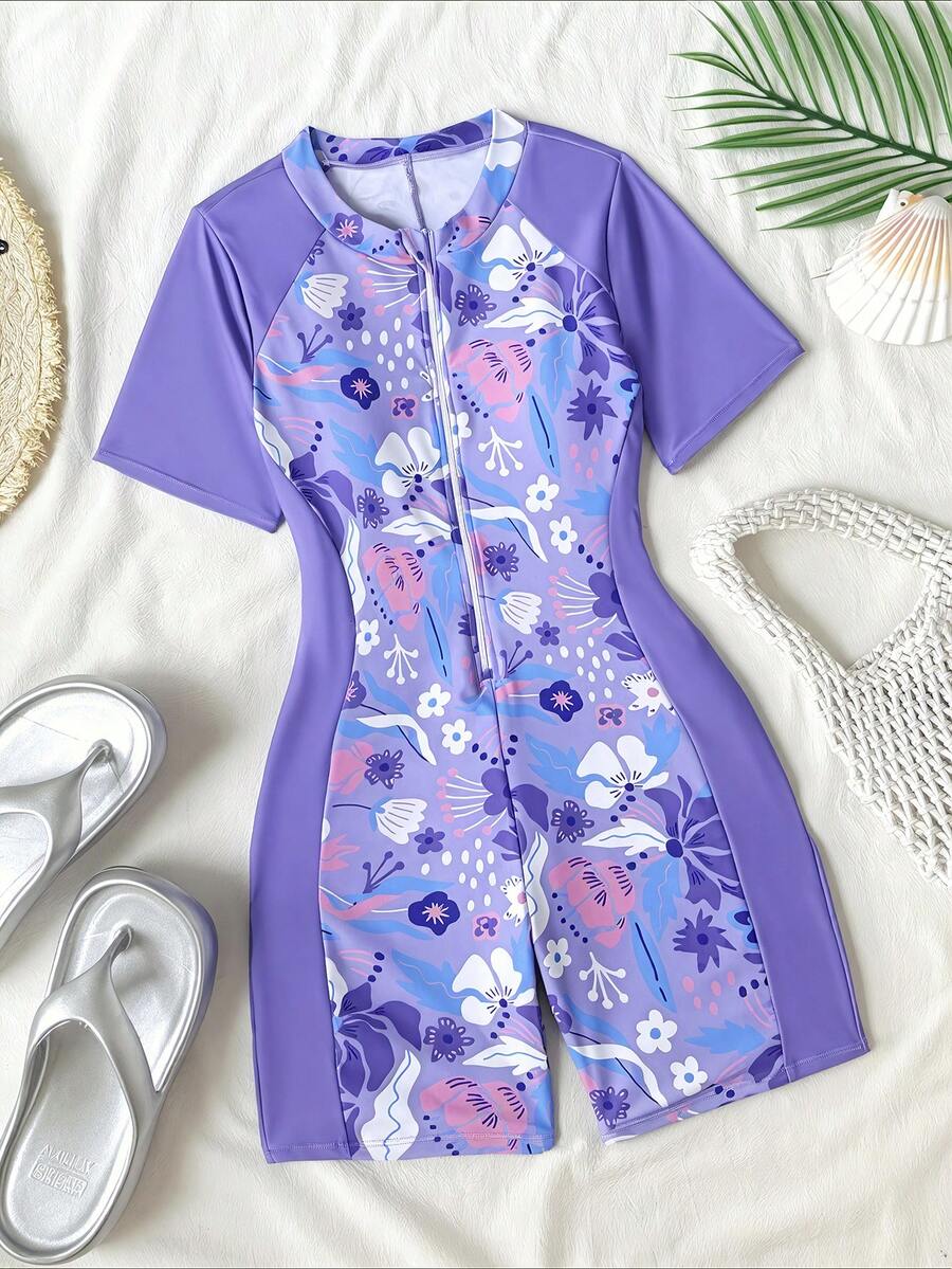 Big Girls Floral Print Zip-Front One-Piece Swimsuit - Wisteria | 21...