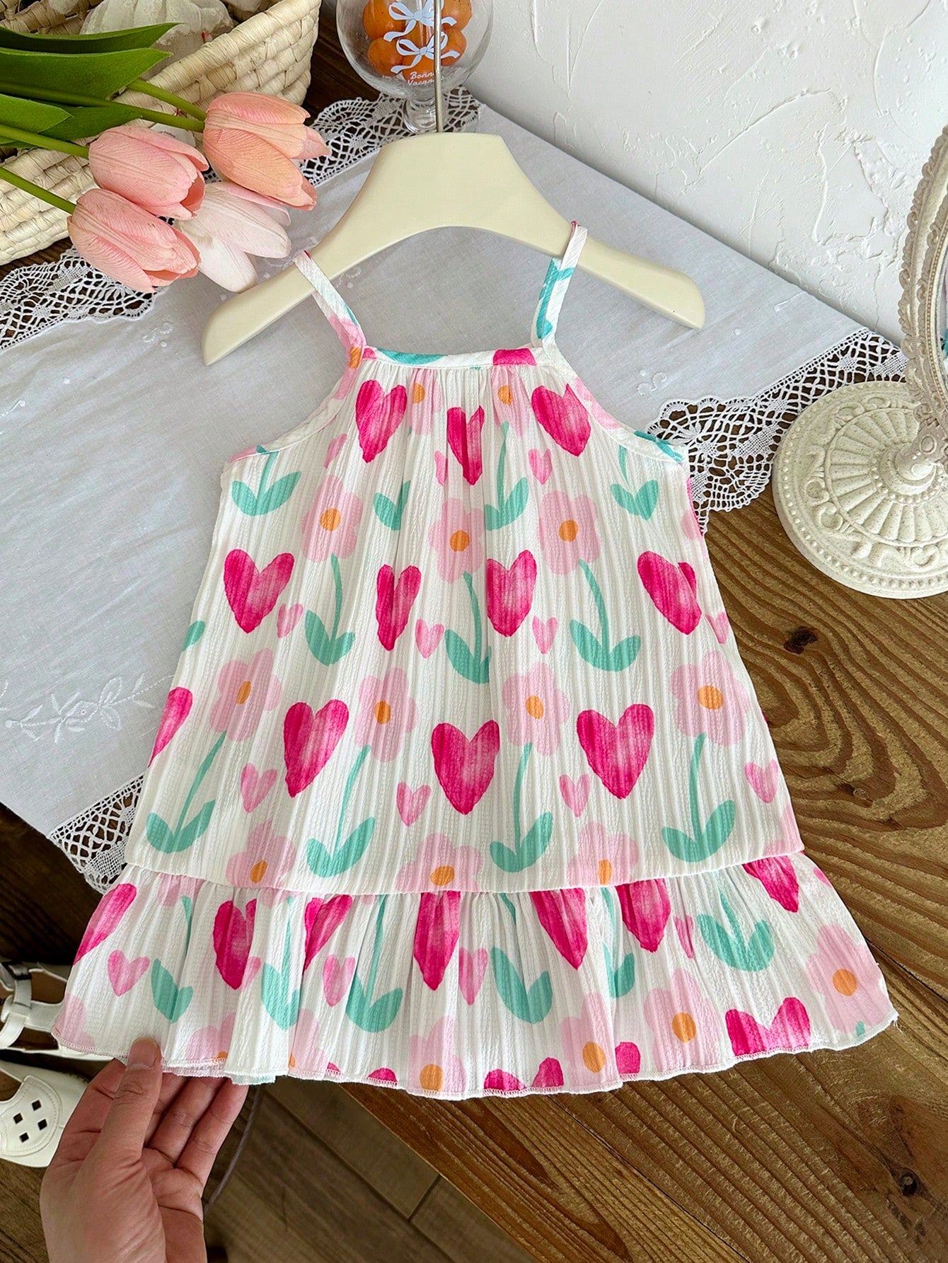 Girls Heart Print Tiered Ruffle Hem Cami Dress - Ivory | 21 Century...