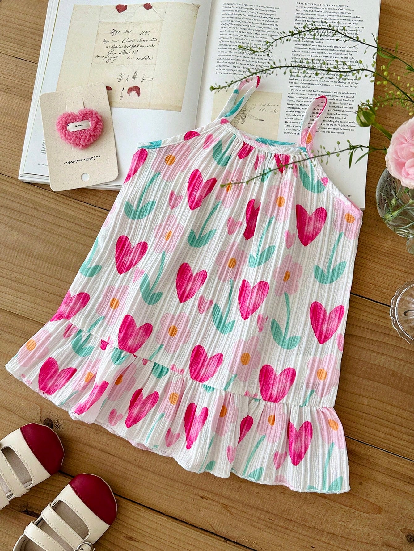 Girls Heart Print Tiered Ruffle Hem Cami Dress - Ivory | 21 Century...