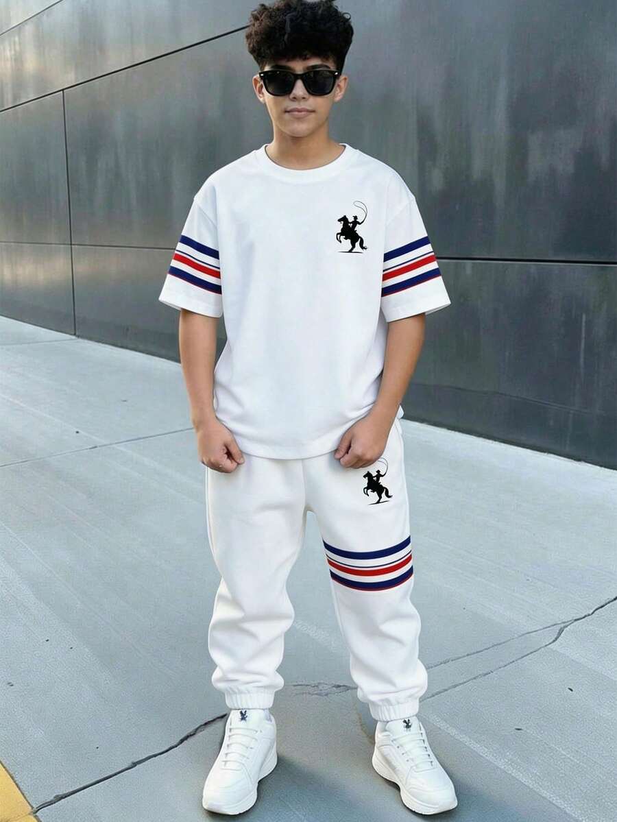 2pcs Big Boys Cowboy Print Varsity Tee & Jogger Set - Ivory | 21 Ce...