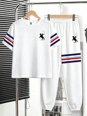 2pcs Big Boys Cowboy Print Varsity Tee & Jogger Set - Ivory | 21 Ce...