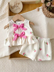 2pcs Baby Girls Tulip Print Bow Peplum Top & Shorts Set - Ivory | 2...