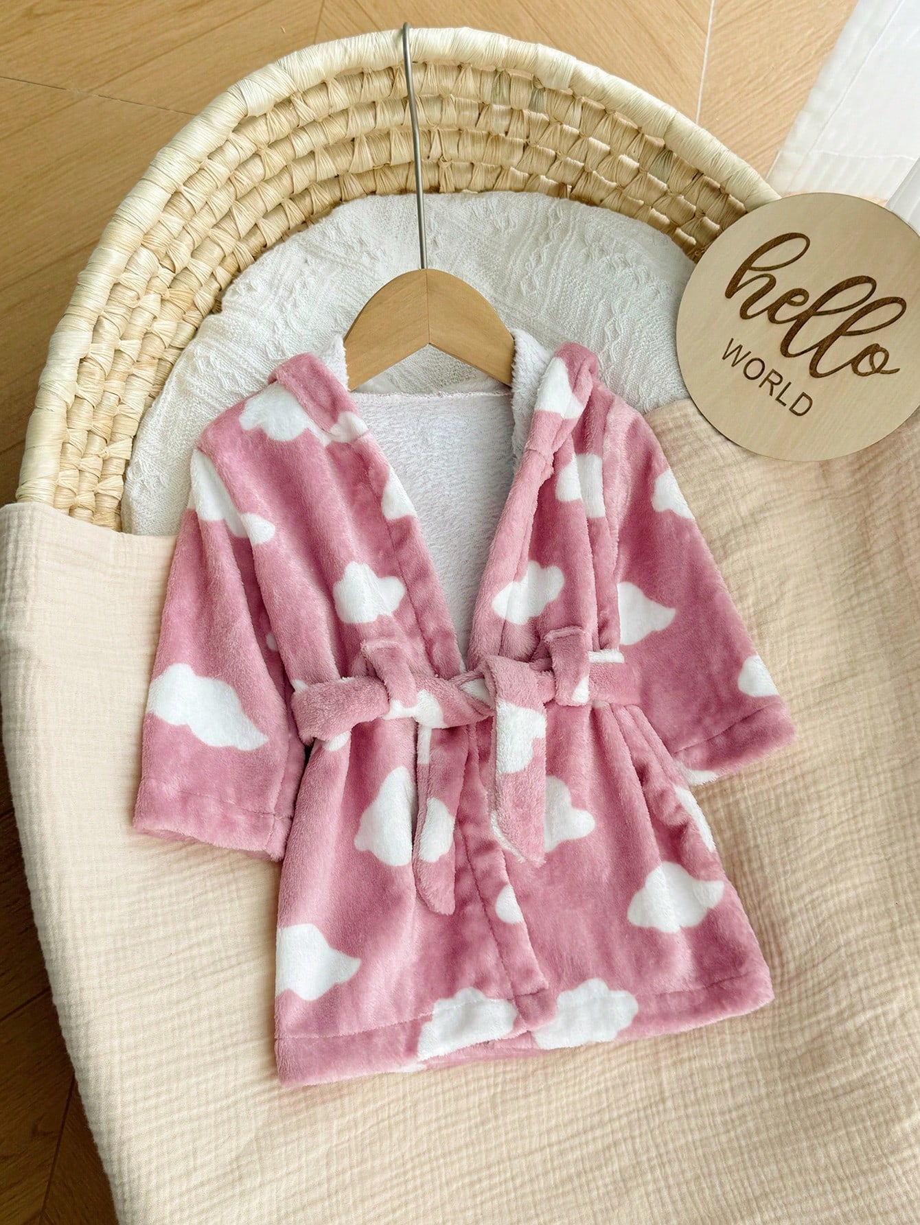 Baby Girls Cloud Print Fleece Hooded Tie-Front Robe - Dusty Rose | ...