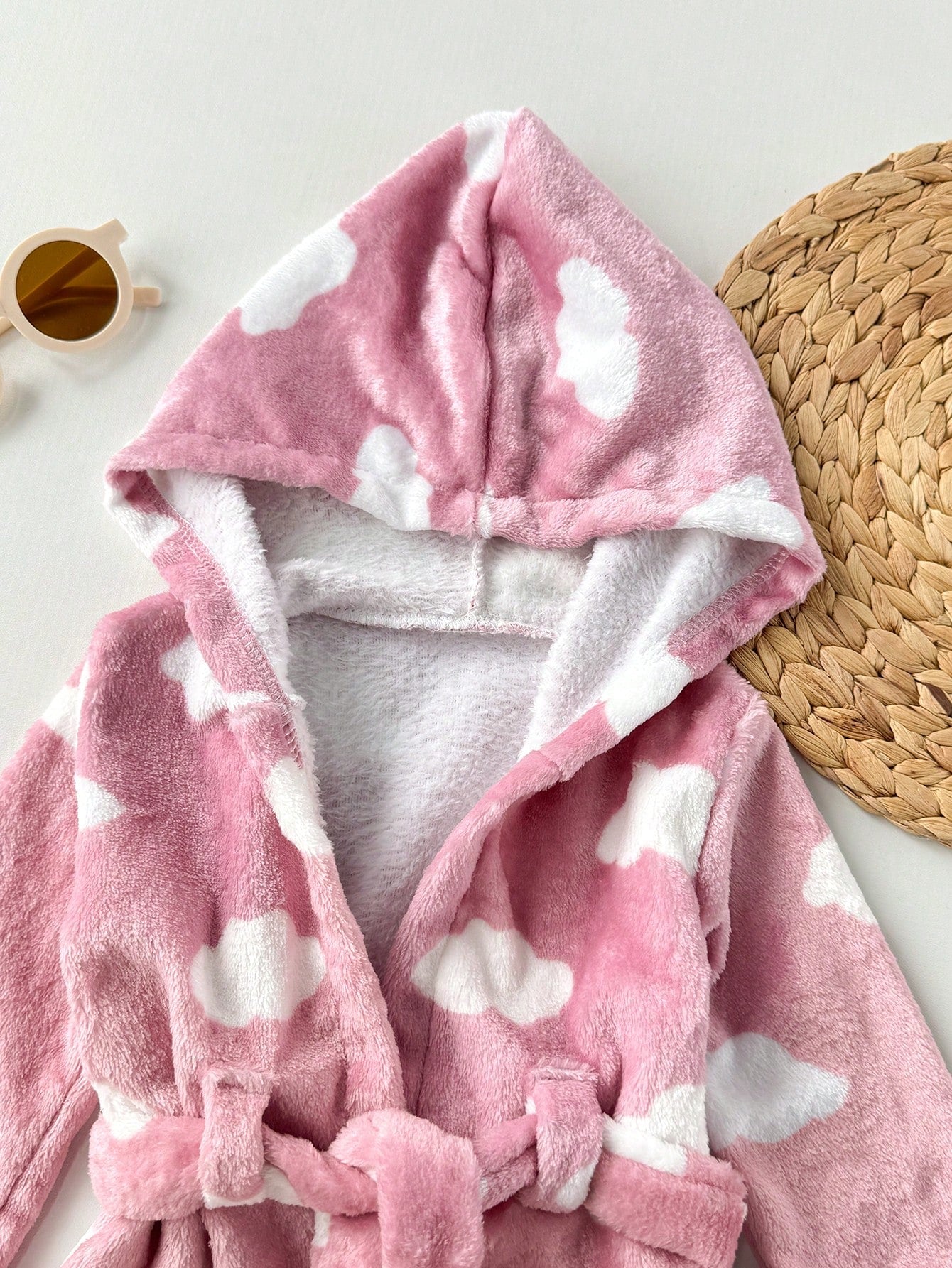 Baby Girls Cloud Print Fleece Hooded Tie-Front Robe - Dusty Rose | ...