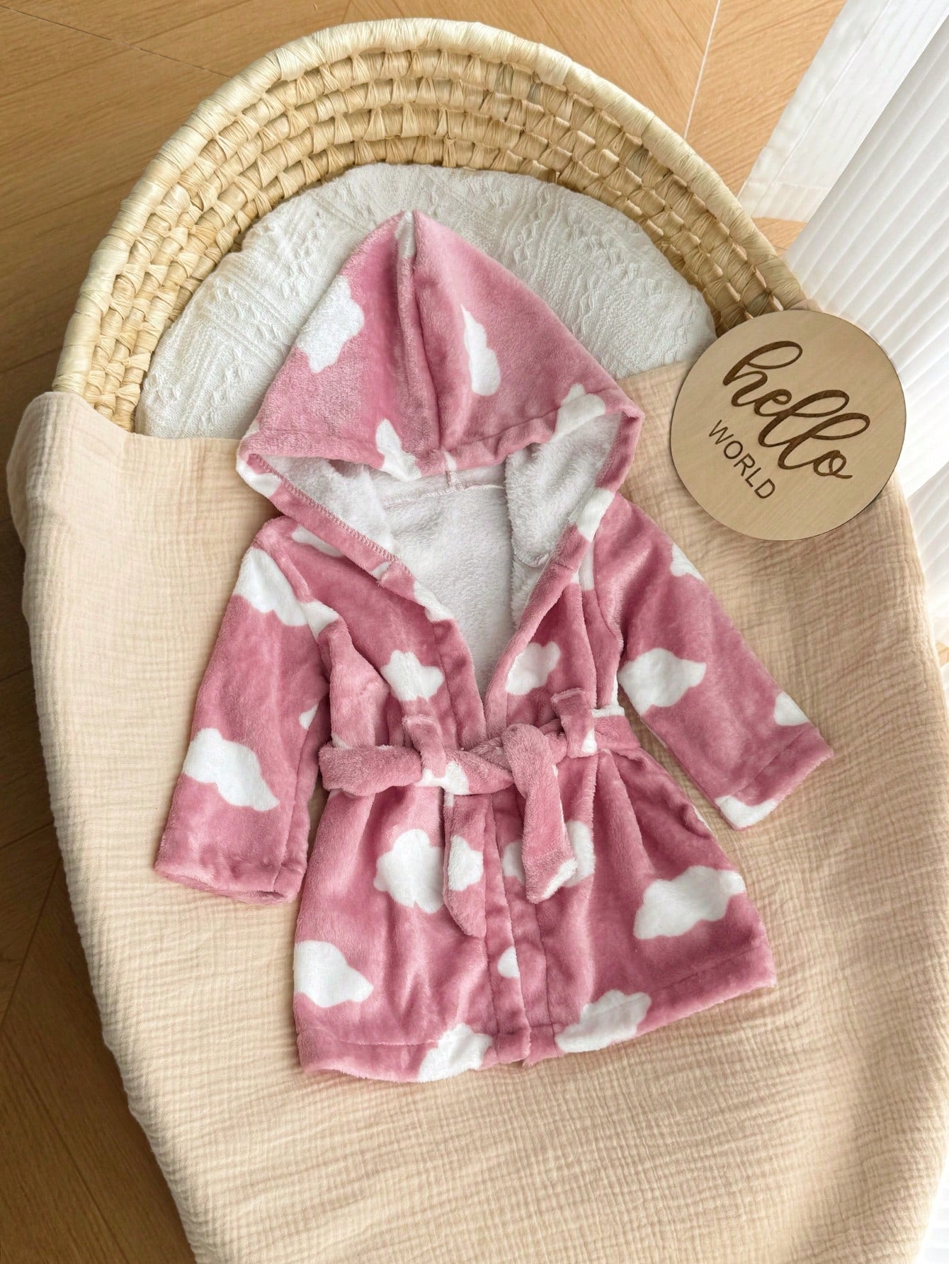 Baby Girls Cloud Print Fleece Hooded Tie-Front Robe - Dusty Rose | ...