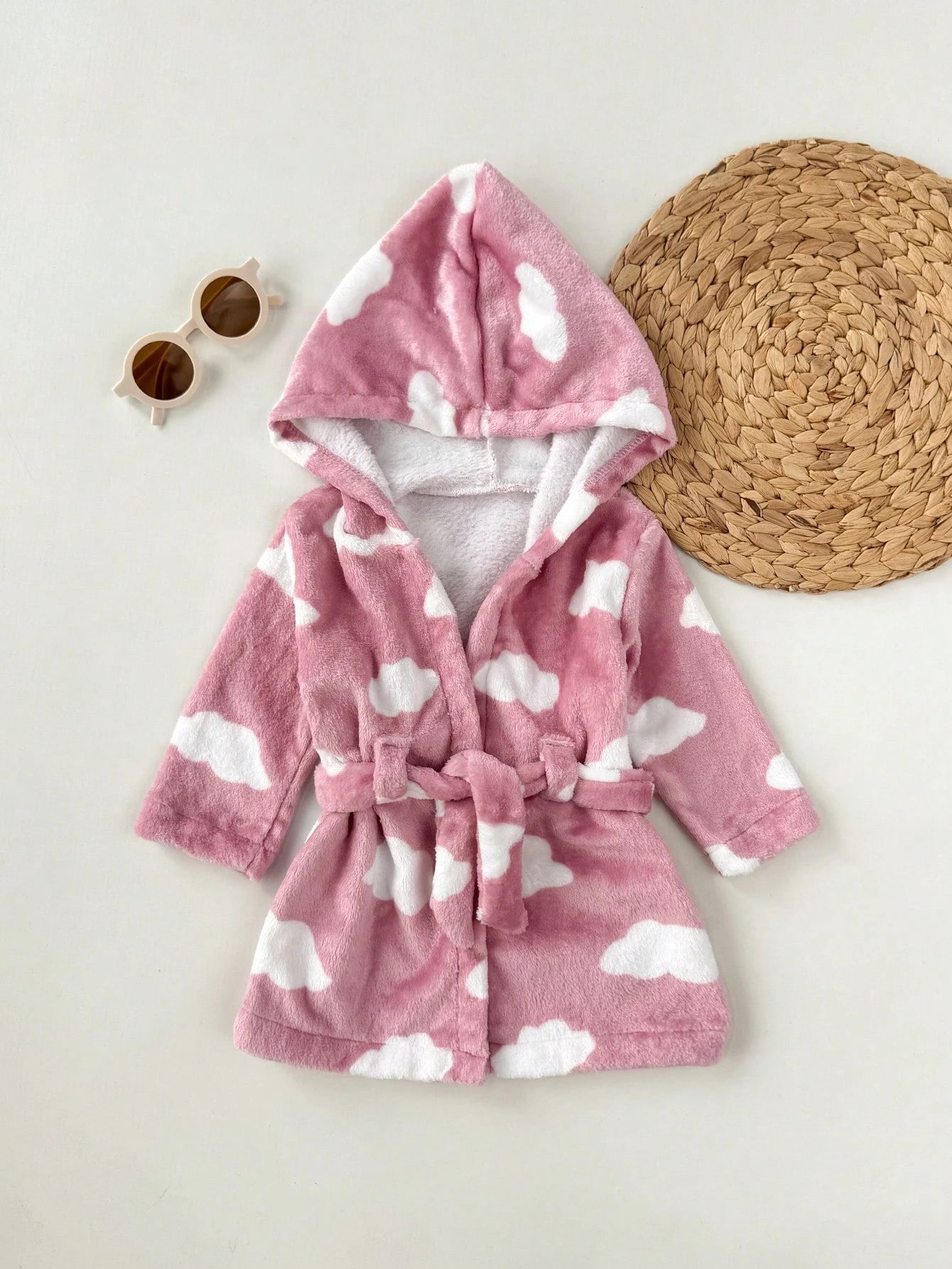 Baby Girls Cloud Print Fleece Hooded Tie-Front Robe - Dusty Rose | ...