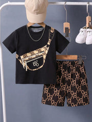 2pcs Boys Monogram Crossbody Print Tee & Shorts Set - Onyx