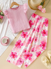 2pcs Big Girls Ruffle Top & Hibiscus Print Wide-Leg Pants Set - Blu...