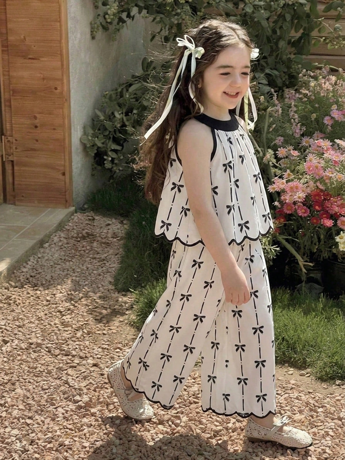 Girls Bow Print Halter Top & Wide-Leg Pants Set - Ivory