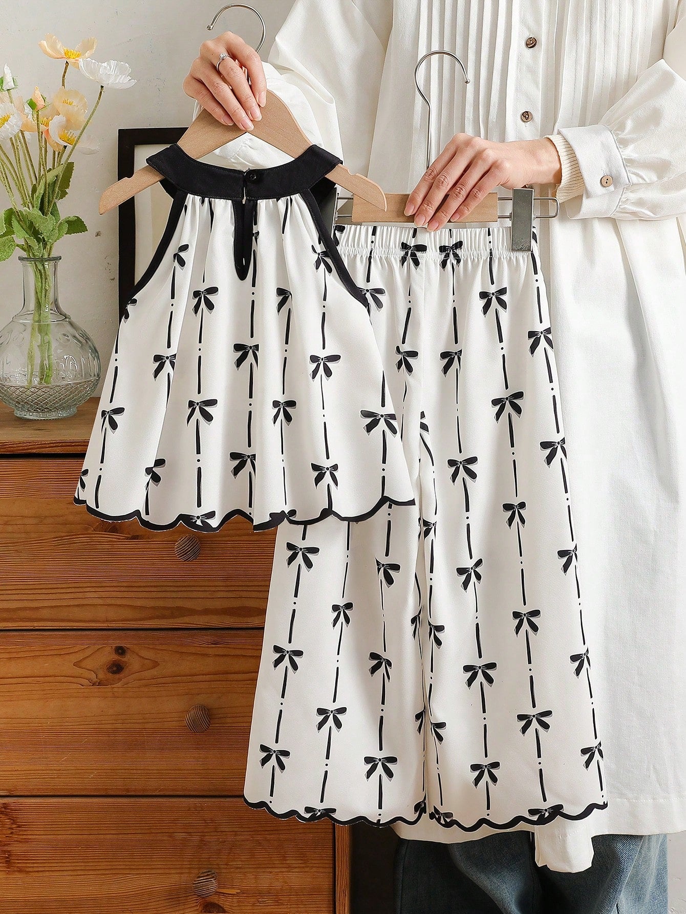 Girls Bow Print Halter Top & Wide-Leg Pants Set - Ivory