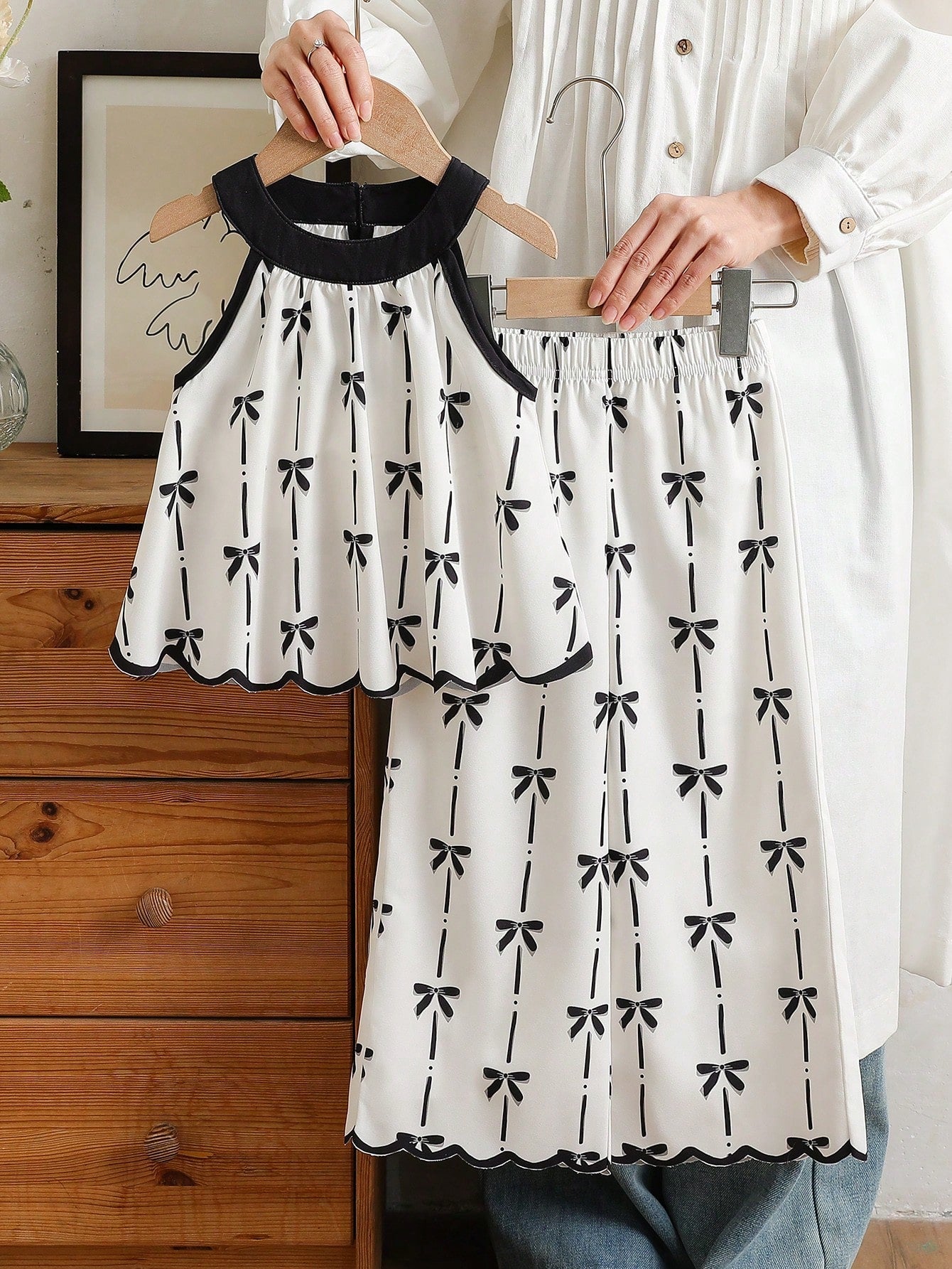 Girls Bow Print Halter Top & Wide-Leg Pants Set - Ivory