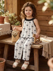 Girls Bow Print Halter Top & Wide-Leg Pants Set - Ivory