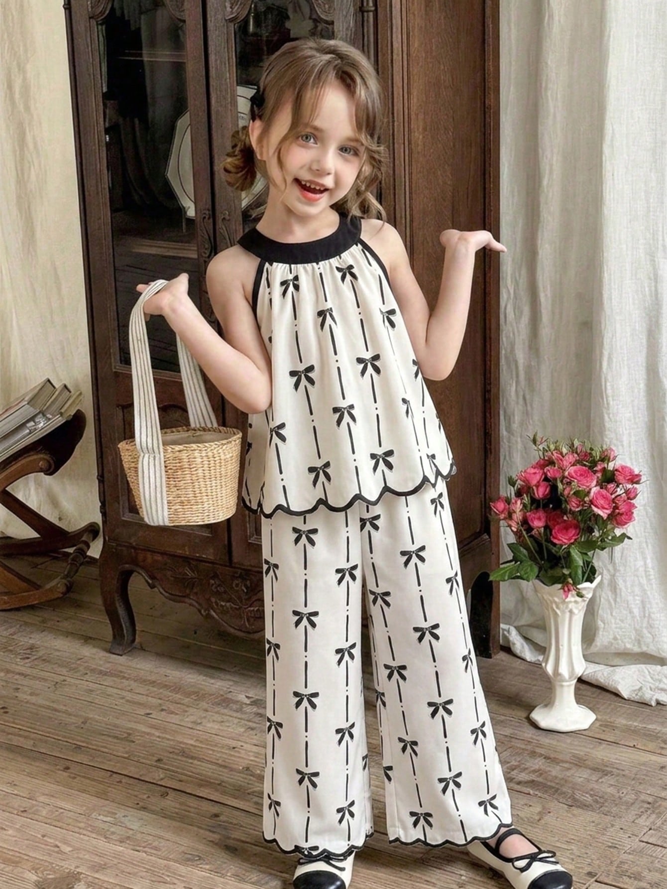Girls Bow Print Halter Top & Wide-Leg Pants Set - Ivory