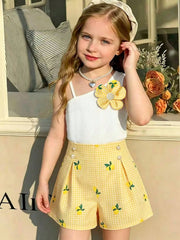 2pcs Big Girls Ribbed Camisole & Lemon Gingham Shorts Set - Butterc...