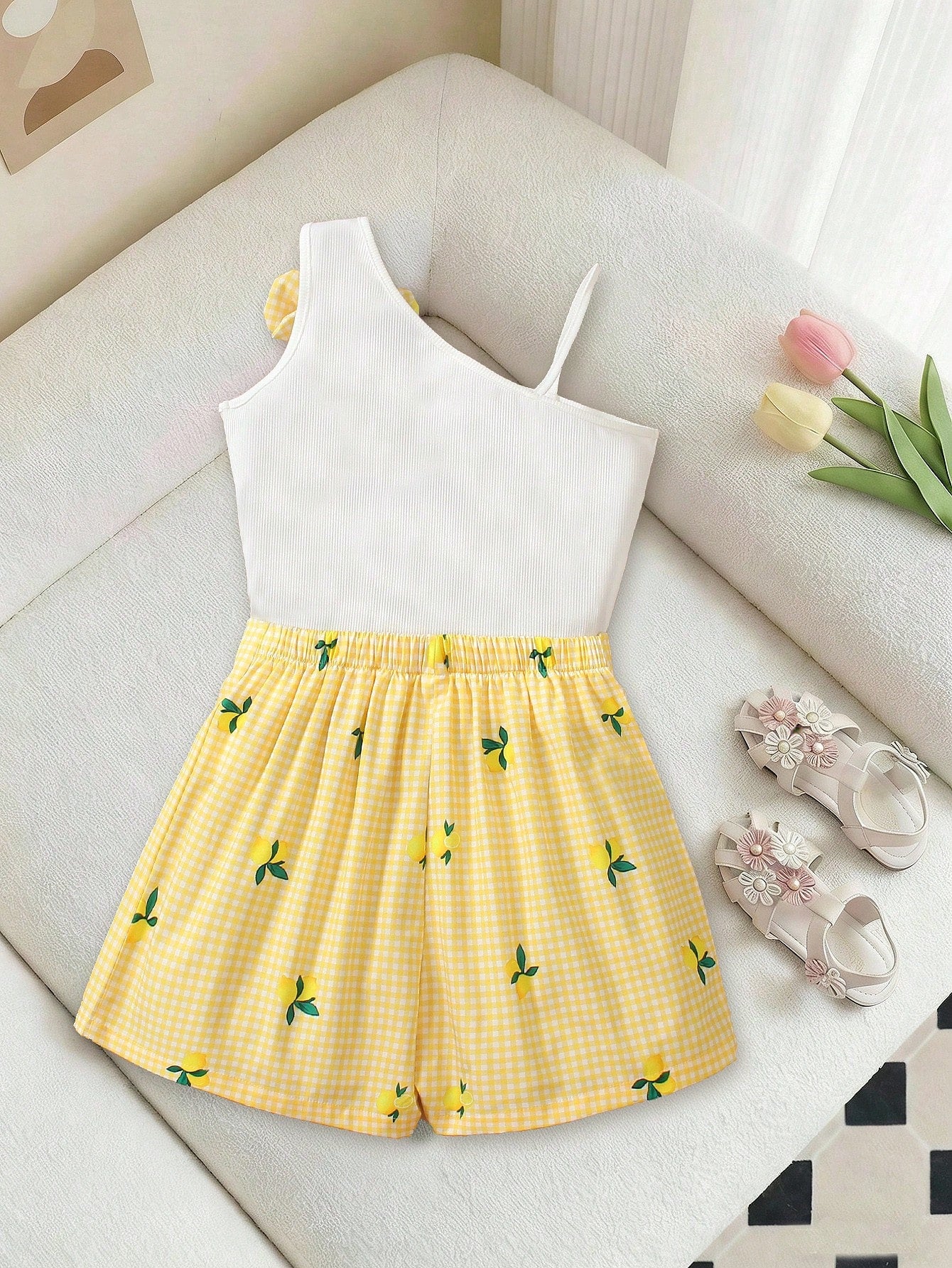 2pcs Big Girls Ribbed Camisole & Lemon Gingham Shorts Set - Butterc...