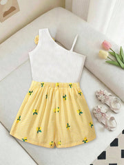 2pcs Big Girls Ribbed Camisole & Lemon Gingham Shorts Set - Butterc...