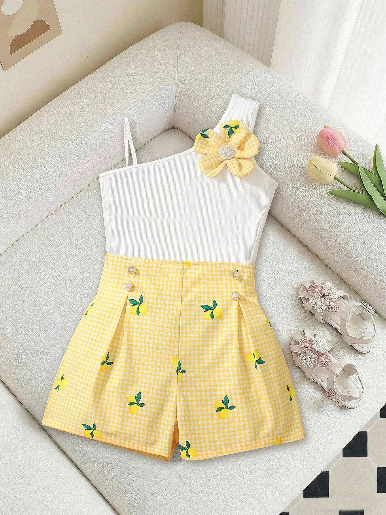 2pcs Big Girls Ribbed Camisole & Lemon Gingham Shorts Set - Butterc...