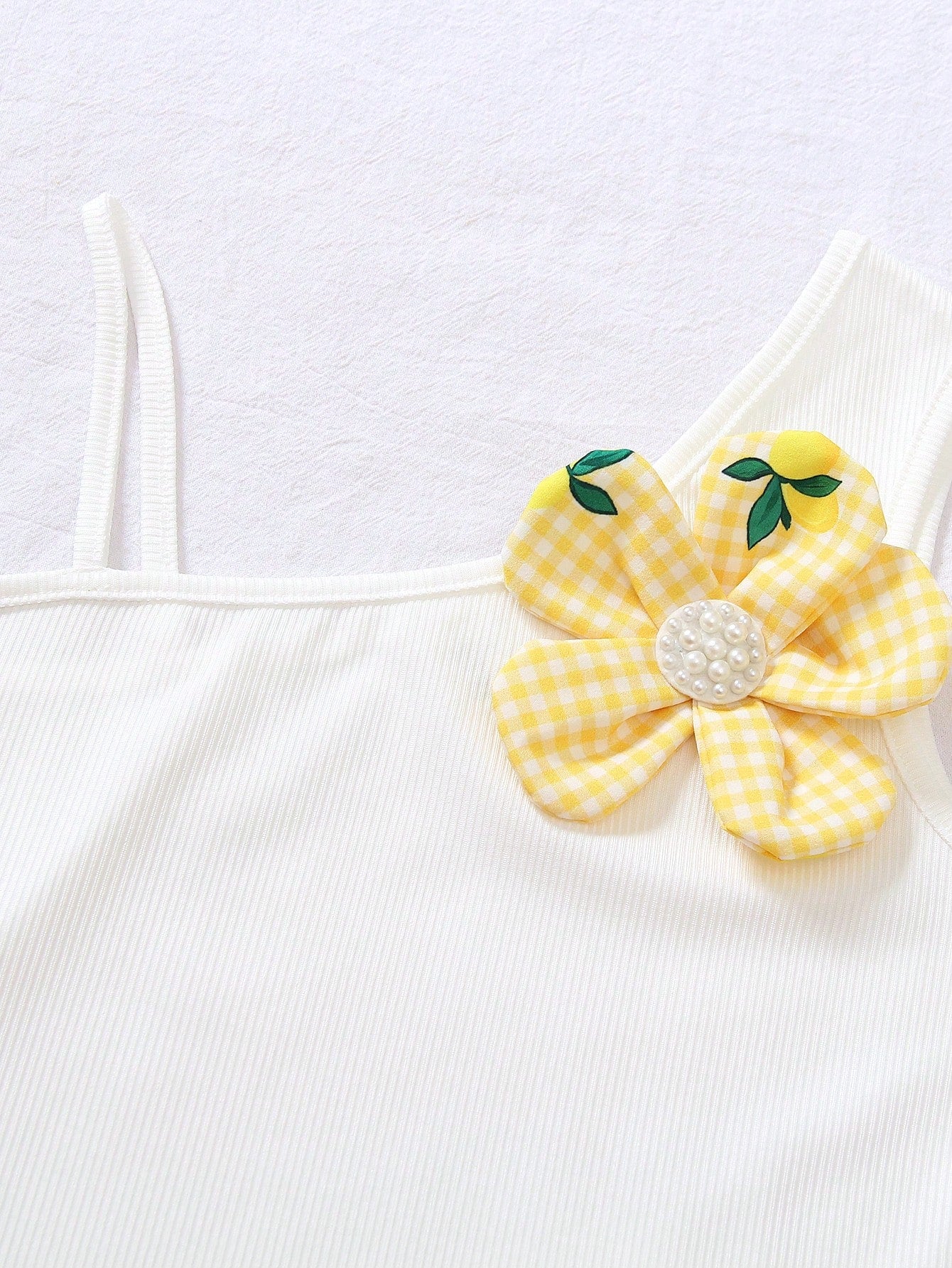 2pcs Big Girls Ribbed Camisole & Lemon Gingham Shorts Set - Butterc...