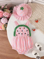 2pcs Baby Girls Watermelon Appliqué Seersucker Romper & Hat Set - B...