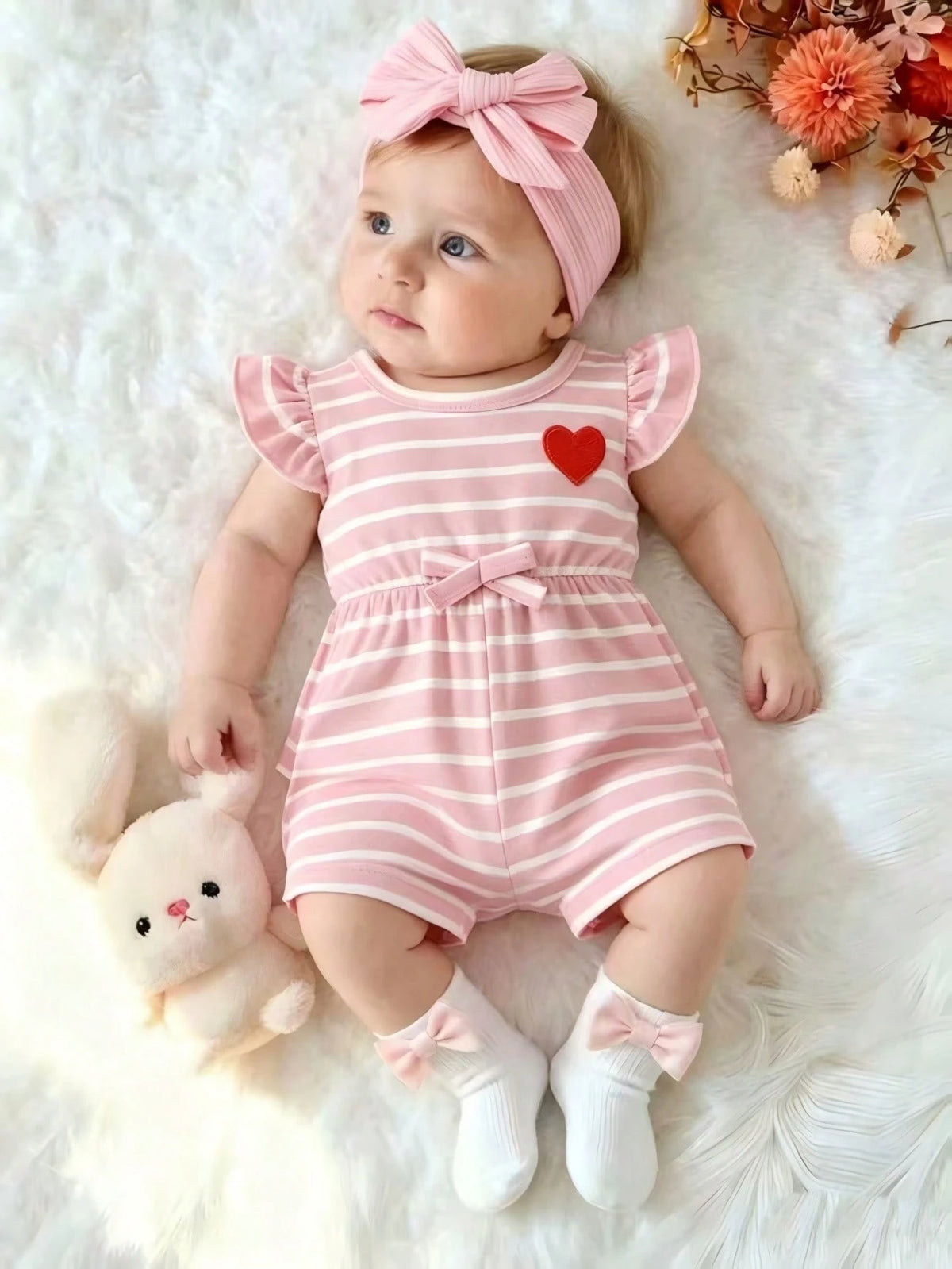Baby Girls Heart Patch Striped Flutter Sleeve Romper - Blush | 21 C...