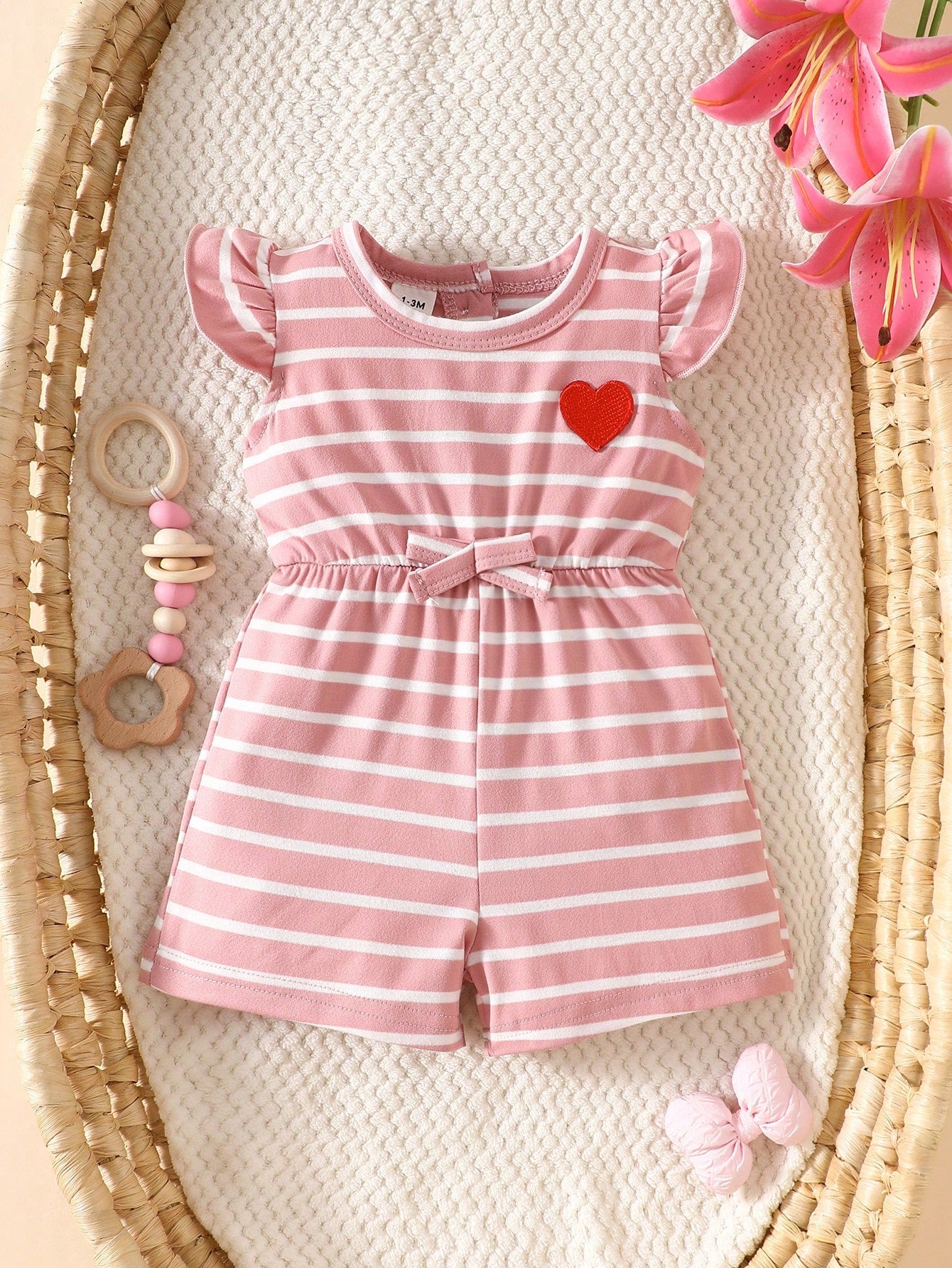 Baby Girls Heart Patch Striped Flutter Sleeve Romper - Blush | 21 C...