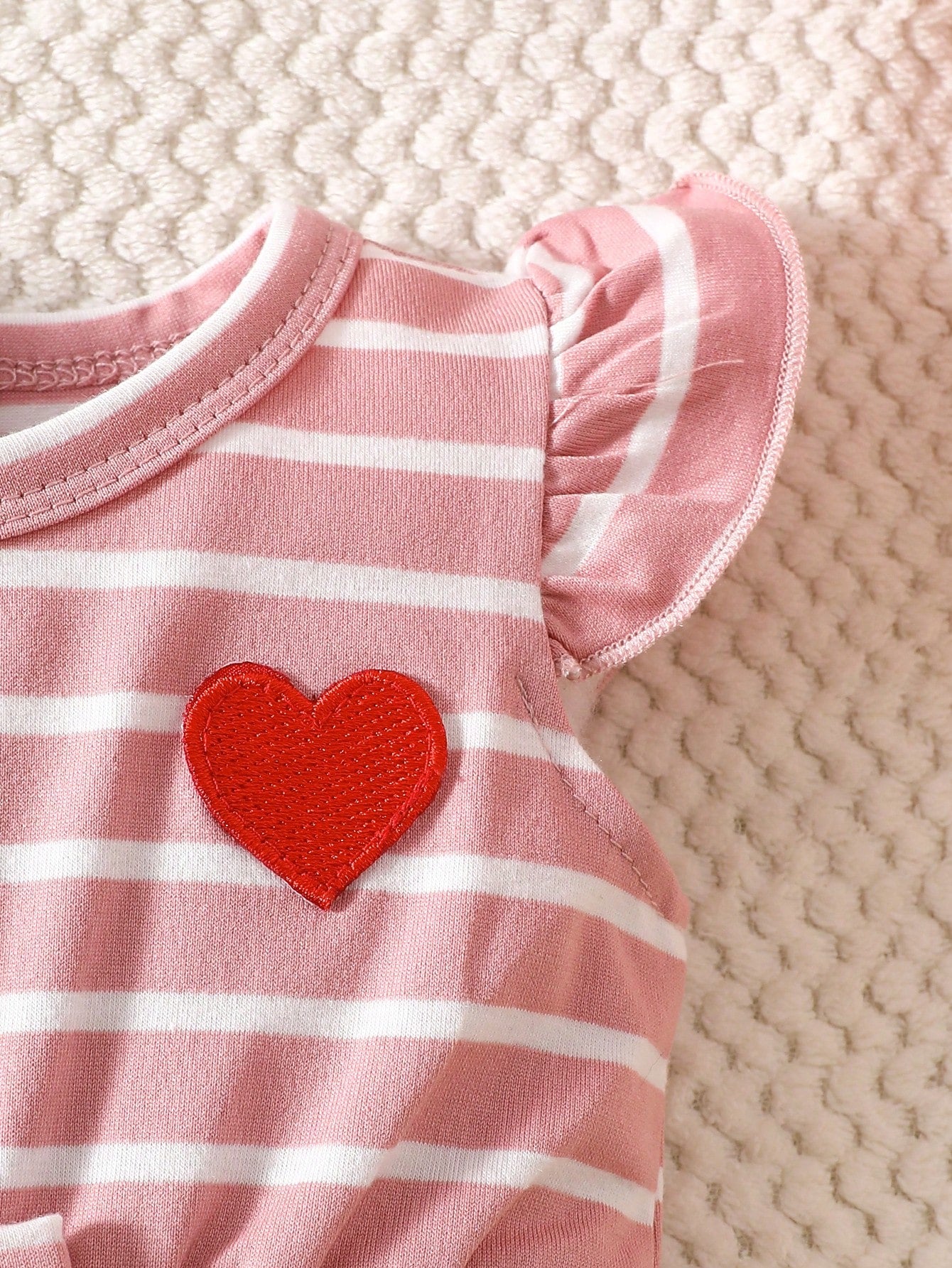 Baby Girls Heart Patch Striped Flutter Sleeve Romper - Blush | 21 C...