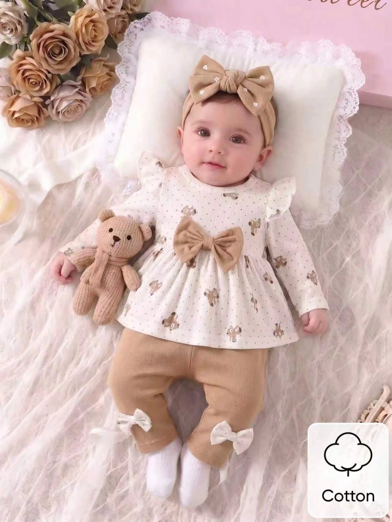 2pcs Baby Girls Bear Print Ruffle Top & Leggings Set - Ivory | 21 C...