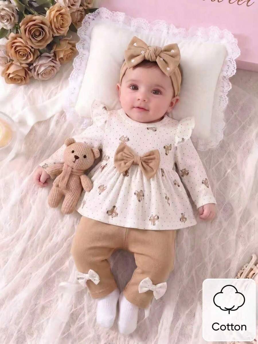 2pcs Baby Girls Bear Print Ruffle Top & Leggings Set - Ivory | 21 C...