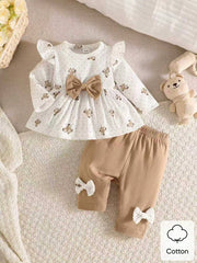 2pcs Baby Girls Bear Print Ruffle Top & Leggings Set - Ivory | 21 C...