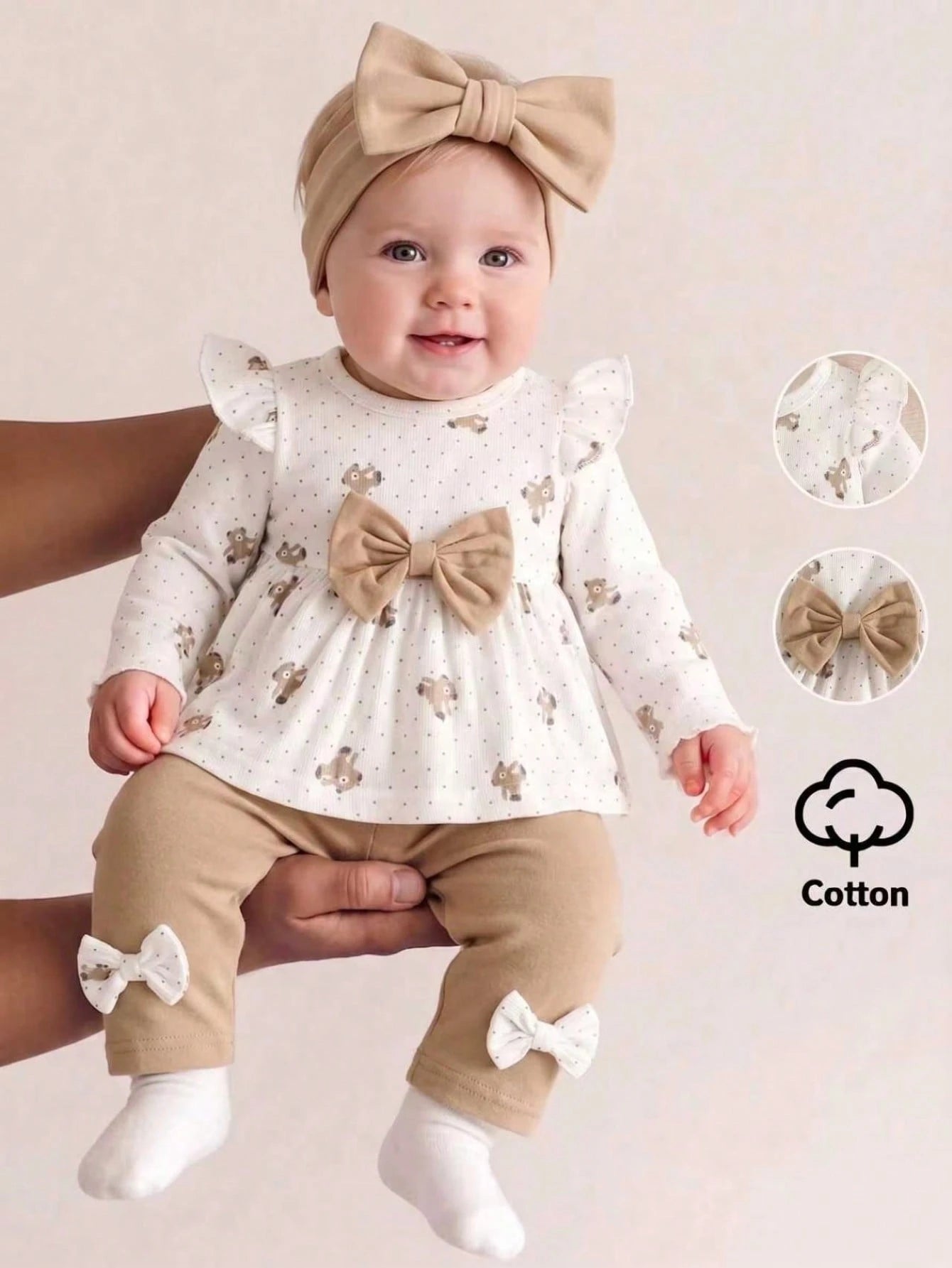 2pcs Baby Girls Bear Print Ruffle Top & Leggings Set - Ivory | 21 C...