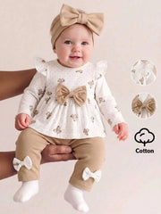2pcs Baby Girls Bear Print Ruffle Top & Leggings Set - Ivory | 21 C...