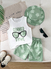 3pcs Little Boys Turtle Print Tank Top, Shorts & Bucket Hat - Sage