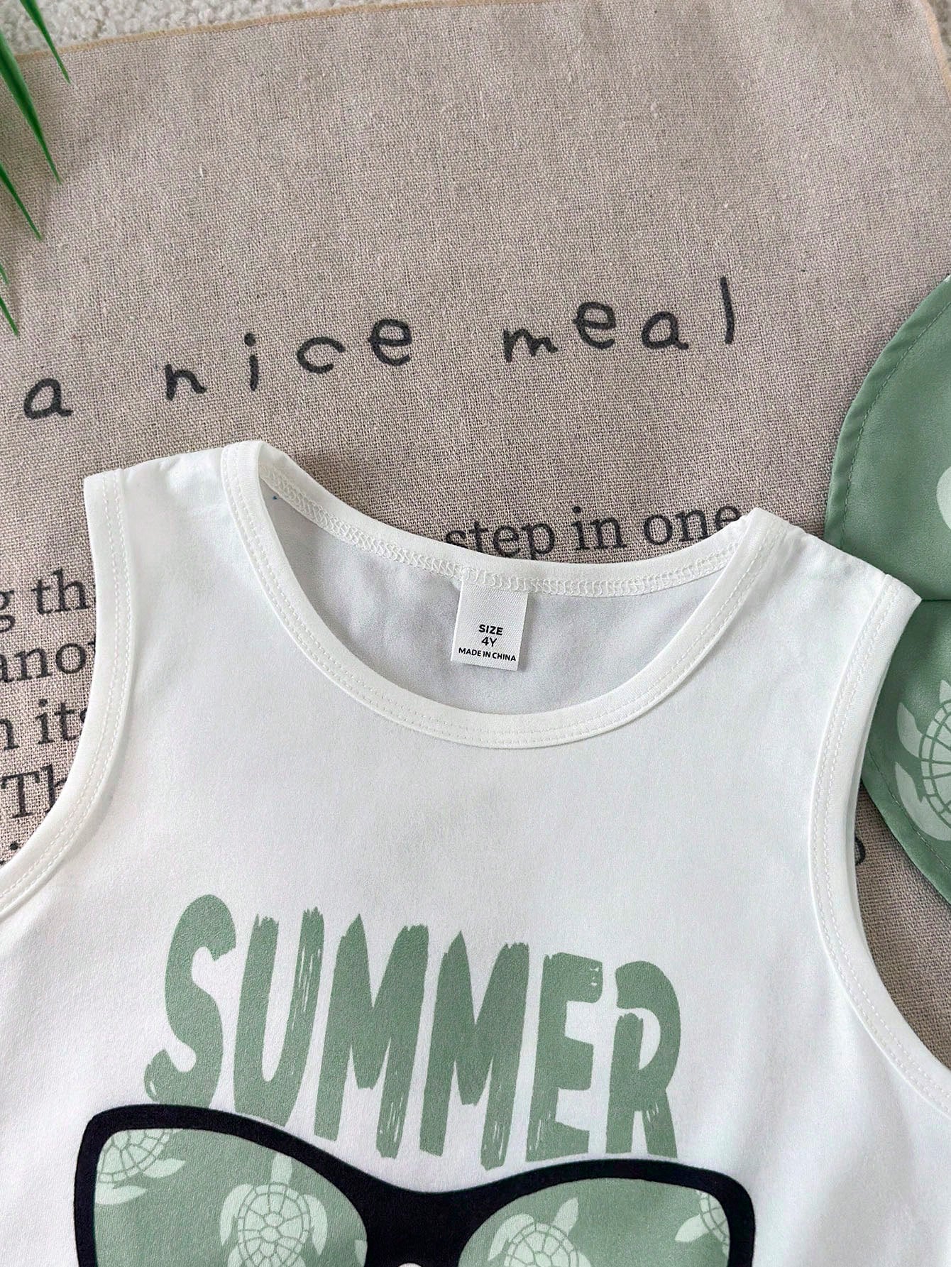 3pcs Little Boys Turtle Print Tank Top, Shorts & Bucket Hat - Sage