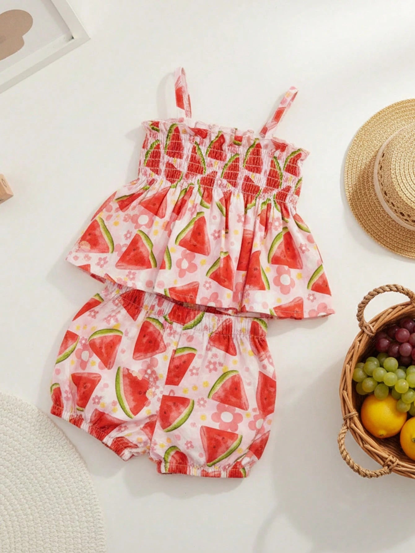 Girls Watermelon Print Smocked Camisole & Bloomer Set - Isabelline