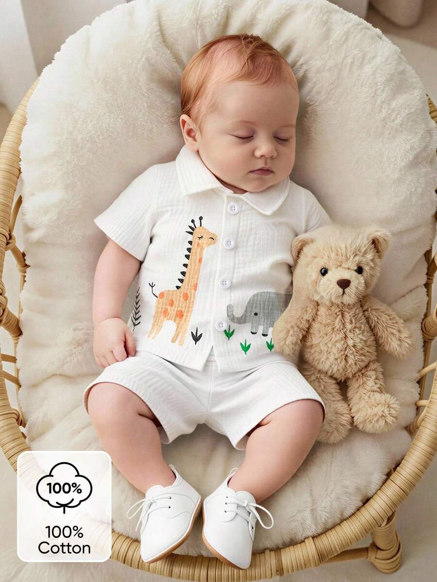 2pcs Baby Boys Safari Print Shirt & Shorts Set - Ivory | 21 Century...
