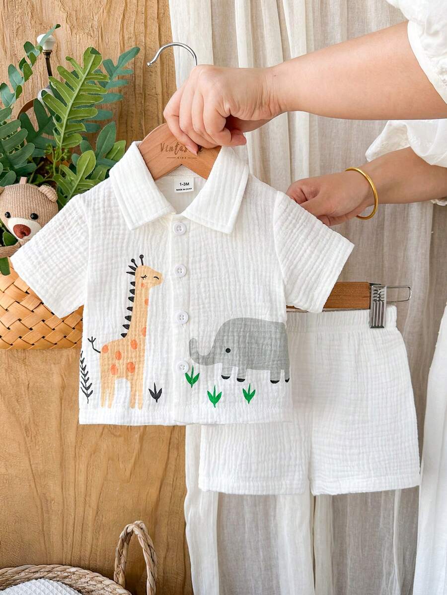 2pcs Baby Boys Safari Print Shirt & Shorts Set - Ivory | 21 Century...