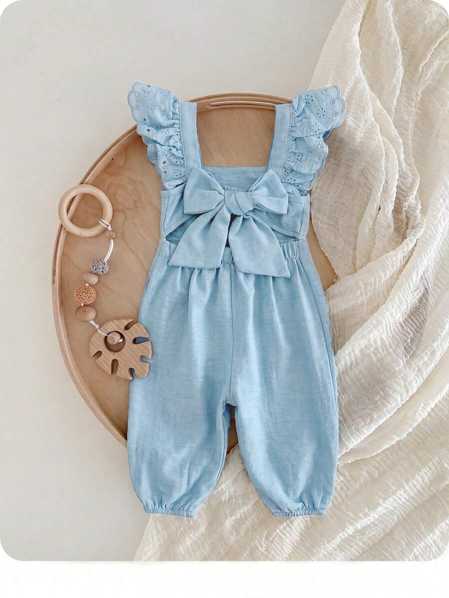Baby Girls Eyelet Ruffle Bow Romper Jumpsuit - Powder Blue | 21 Cen...