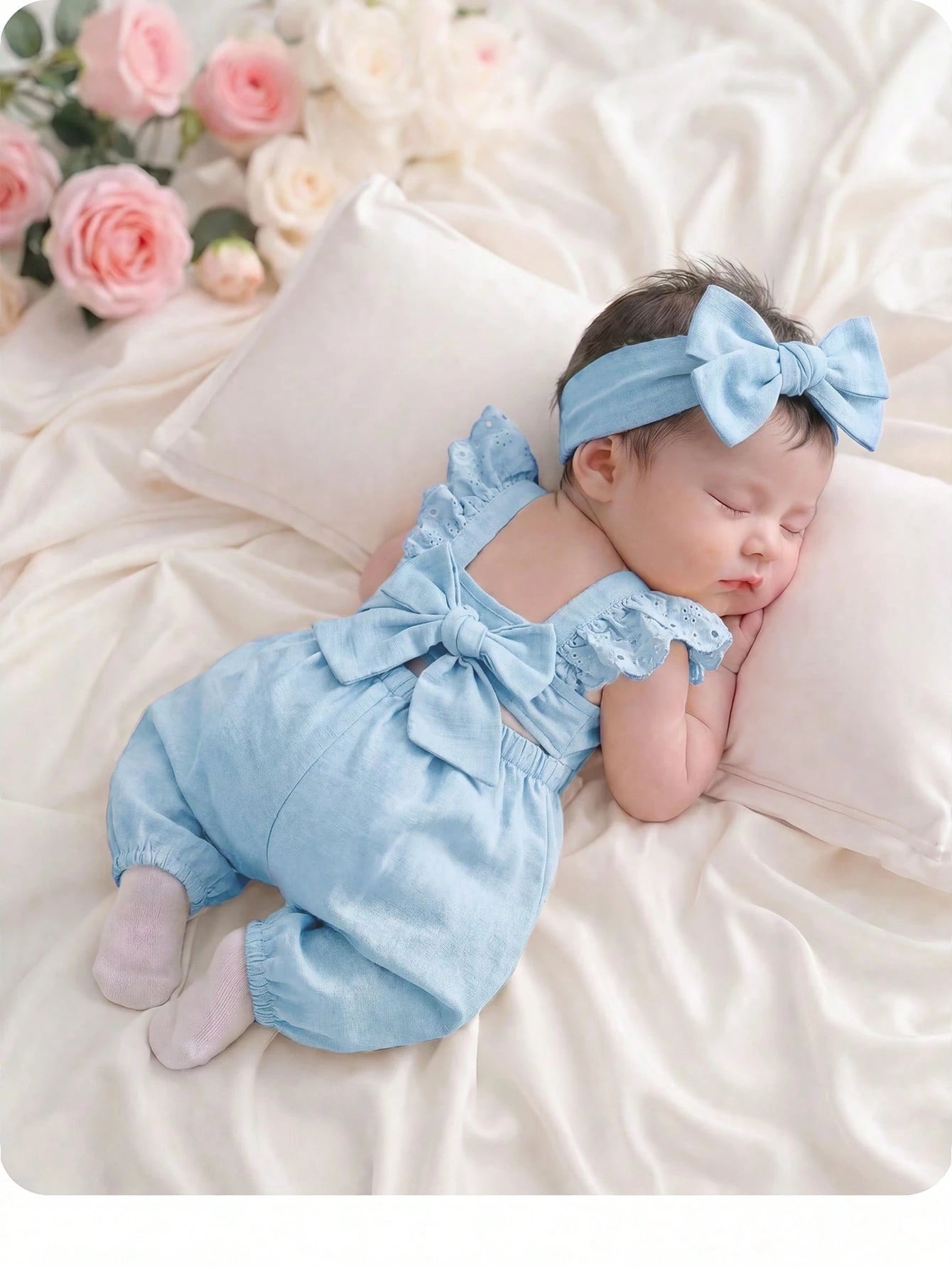 Baby Girls Eyelet Ruffle Bow Romper Jumpsuit - Powder Blue | 21 Cen...