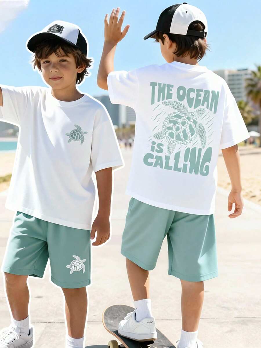 2pcs Boys Ocean Turtle Graphic Tee & Shorts Set - Sage | 21 Century...