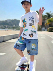 2pcs Big Boys Bear Print Tee & Denim-Effect Shorts Set - Sky Blue