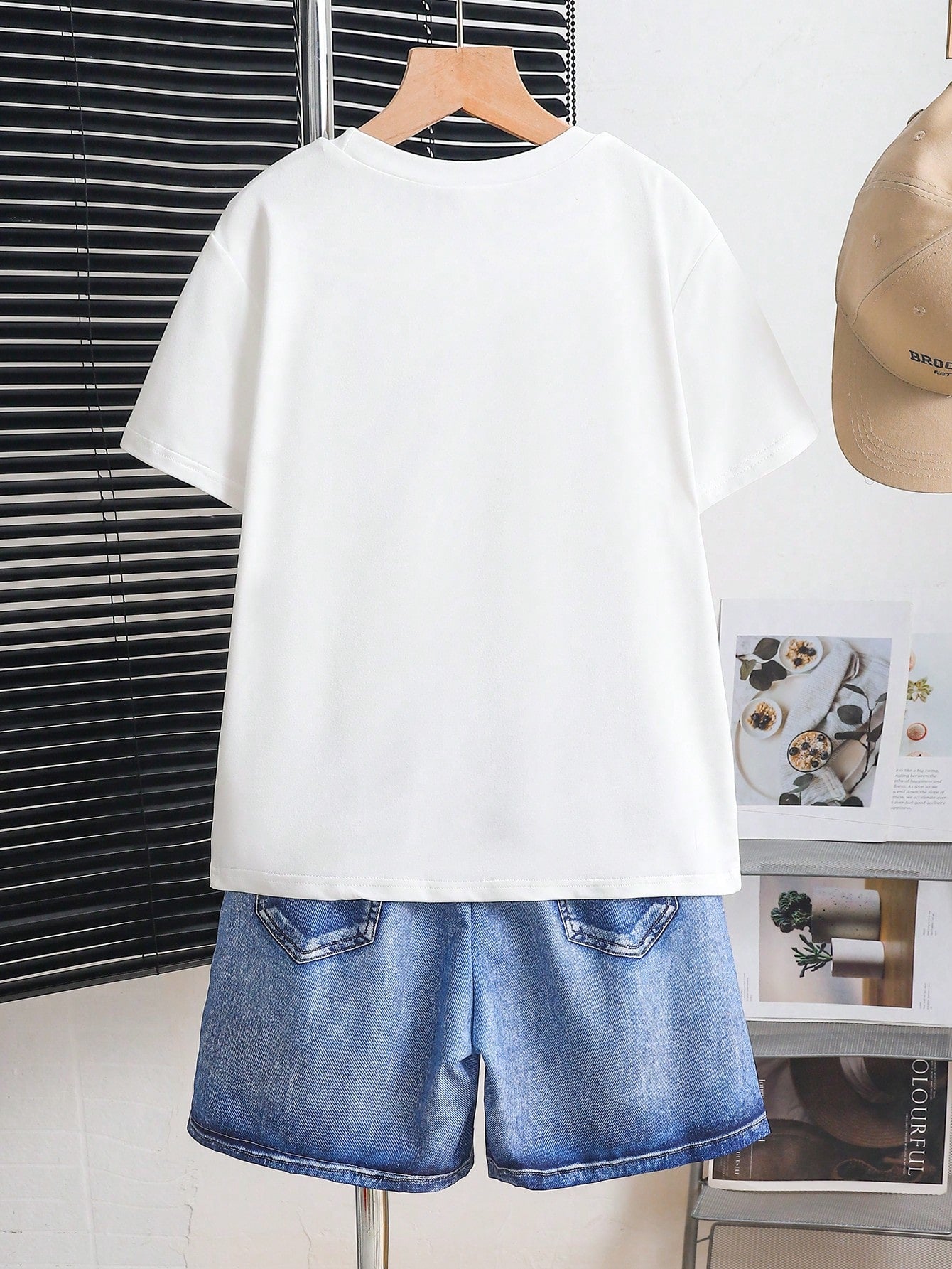 2pcs Big Boys Bear Print Tee & Denim-Effect Shorts Set - Sky Blue