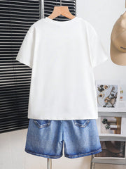 2pcs Big Boys Bear Print Tee & Denim-Effect Shorts Set - Sky Blue