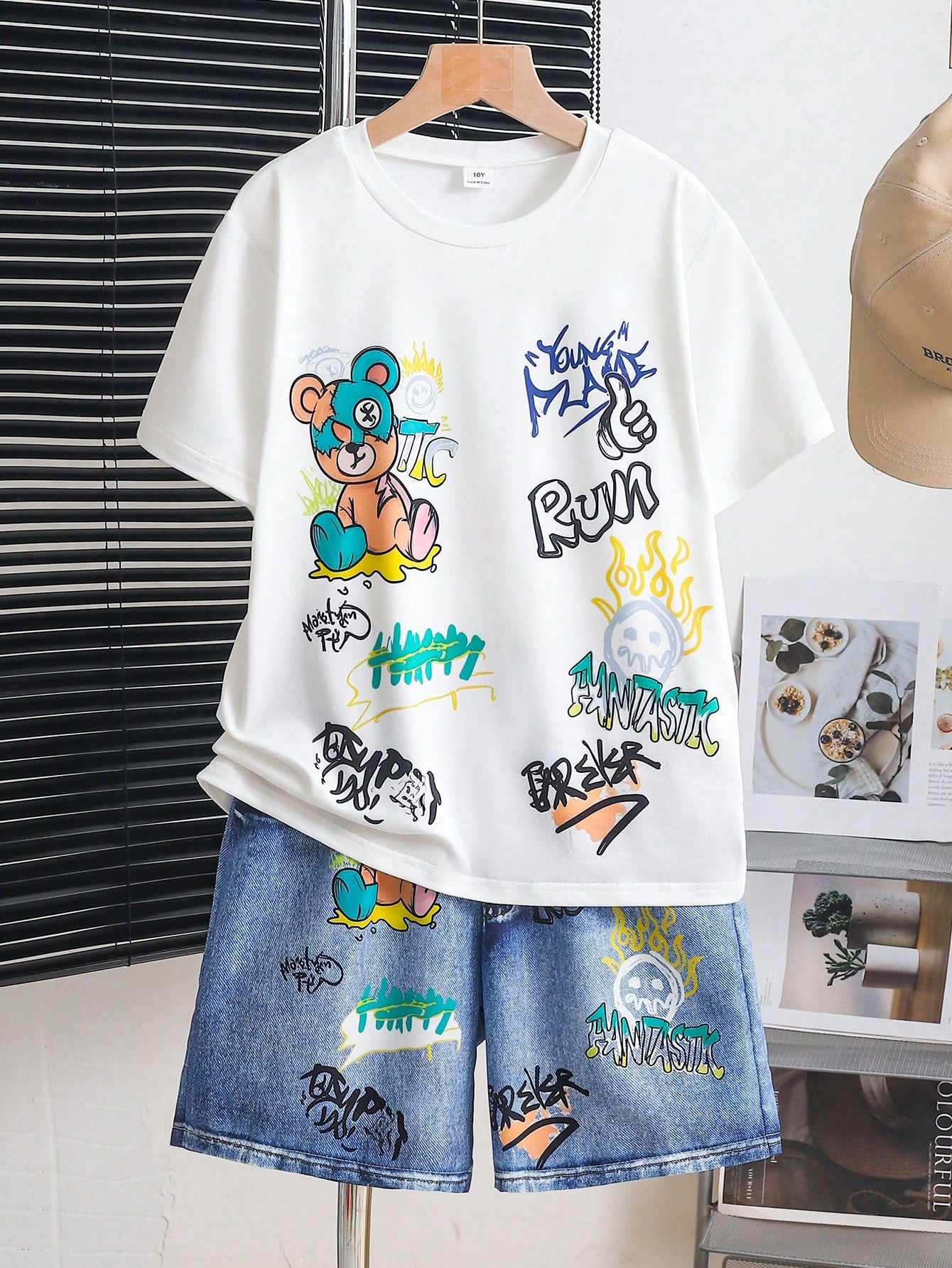 2pcs Big Boys Bear Print Tee & Denim-Effect Shorts Set - Sky Blue