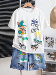 2pcs Big Boys Bear Print Tee & Denim-Effect Shorts Set - Sky Blue