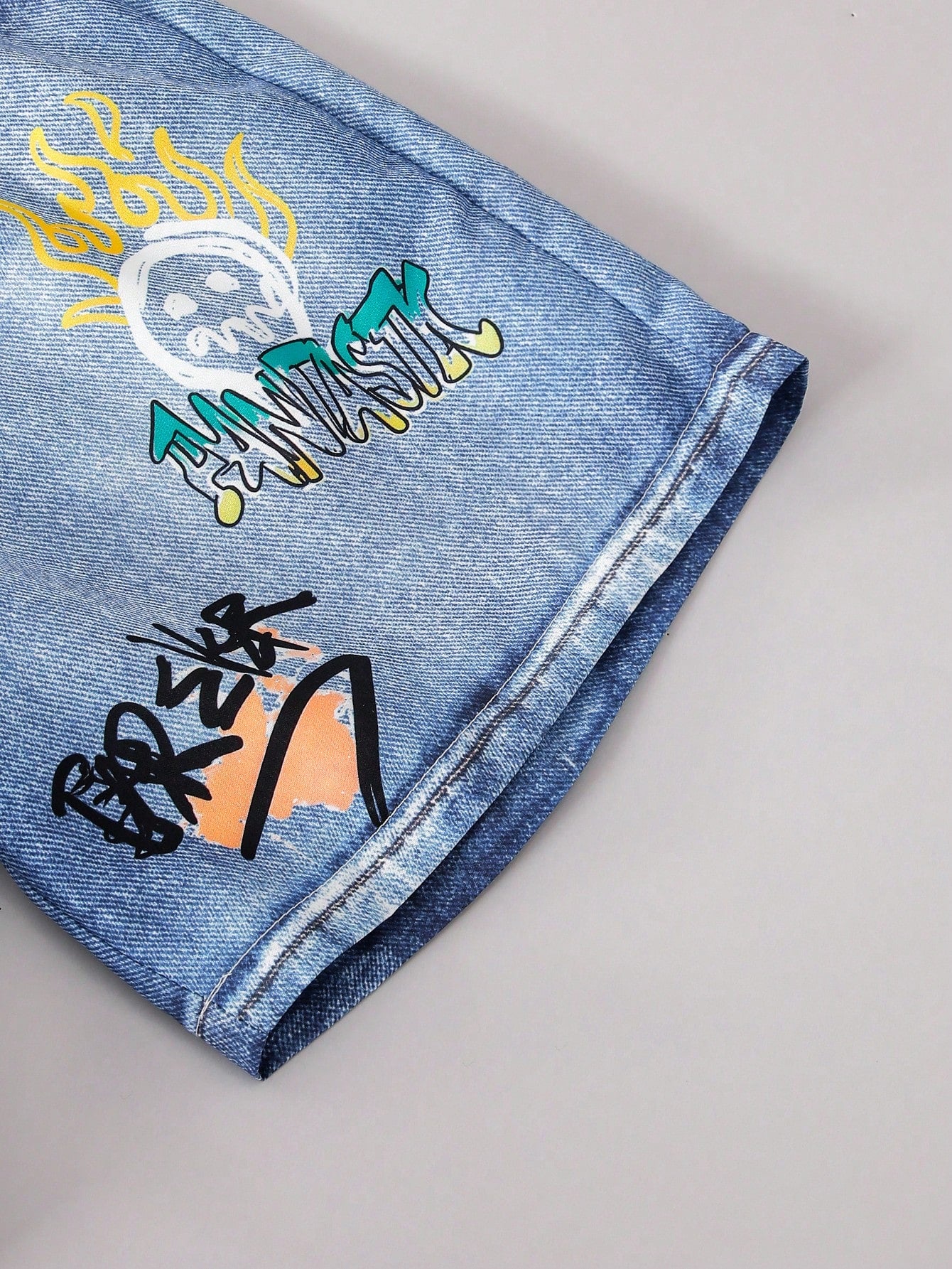 2pcs Big Boys Bear Print Tee & Denim-Effect Shorts Set - Sky Blue