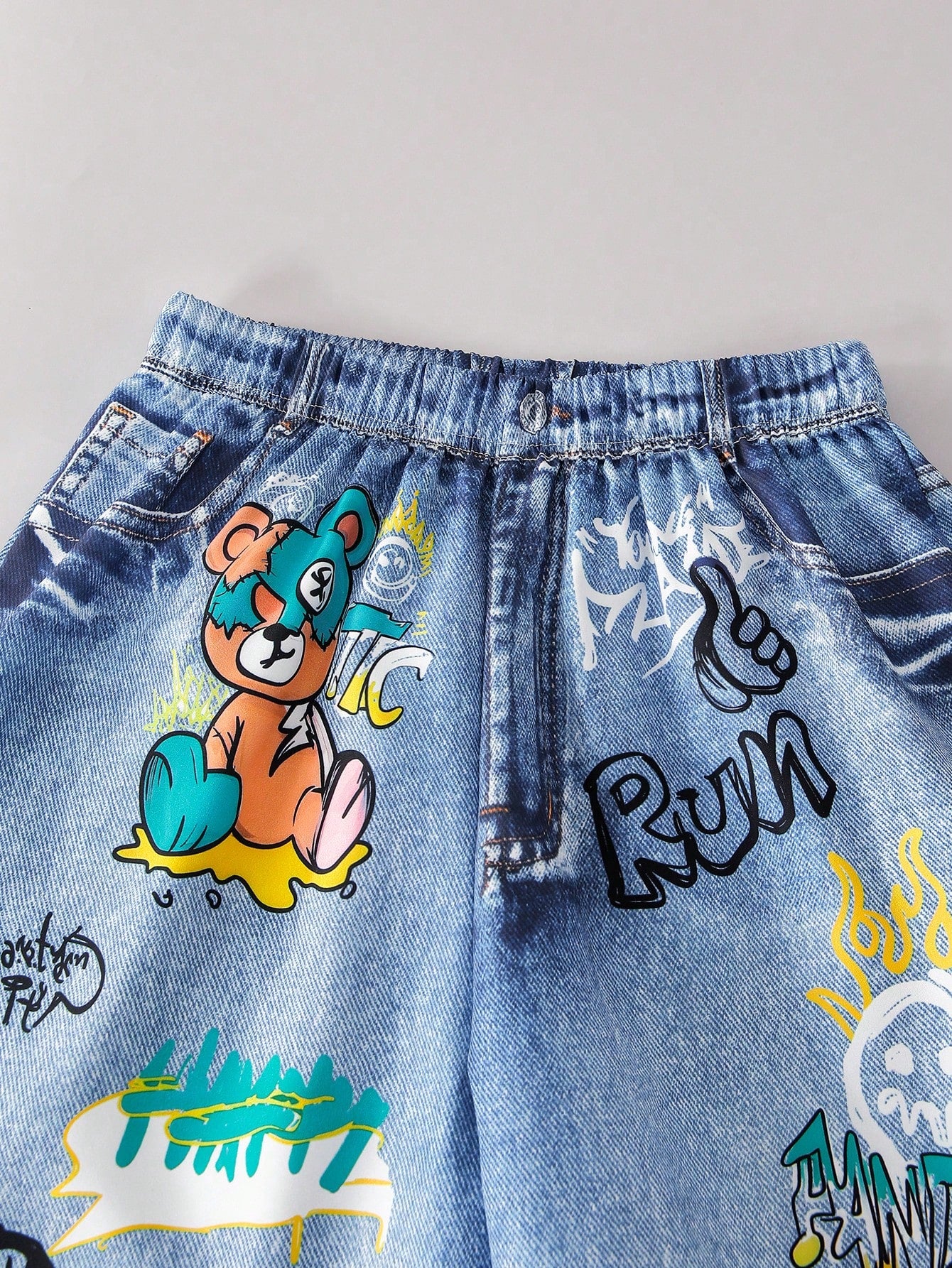 2pcs Big Boys Bear Print Tee & Denim-Effect Shorts Set - Sky Blue