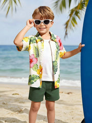 2pcs Little Boys Hibiscus Print Resort Shirt & Shorts - Ecru