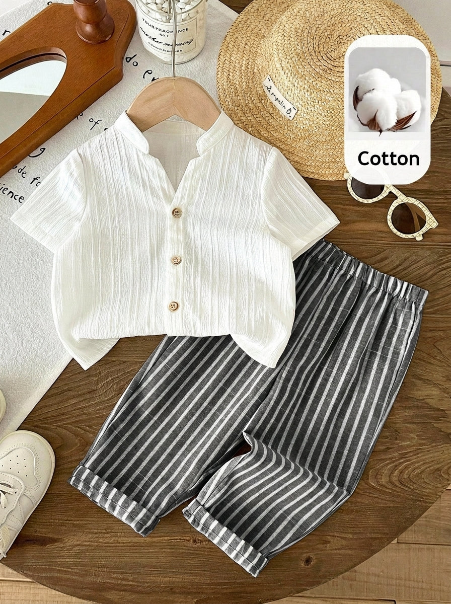 2pcs Boys Crinkle Cotton Shirt & Striped Trousers Set - Ivory